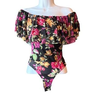 AFRM Dusted Floral Off Shoulder Bodysuit Ruffle Mesh Size X-Small New With Tag